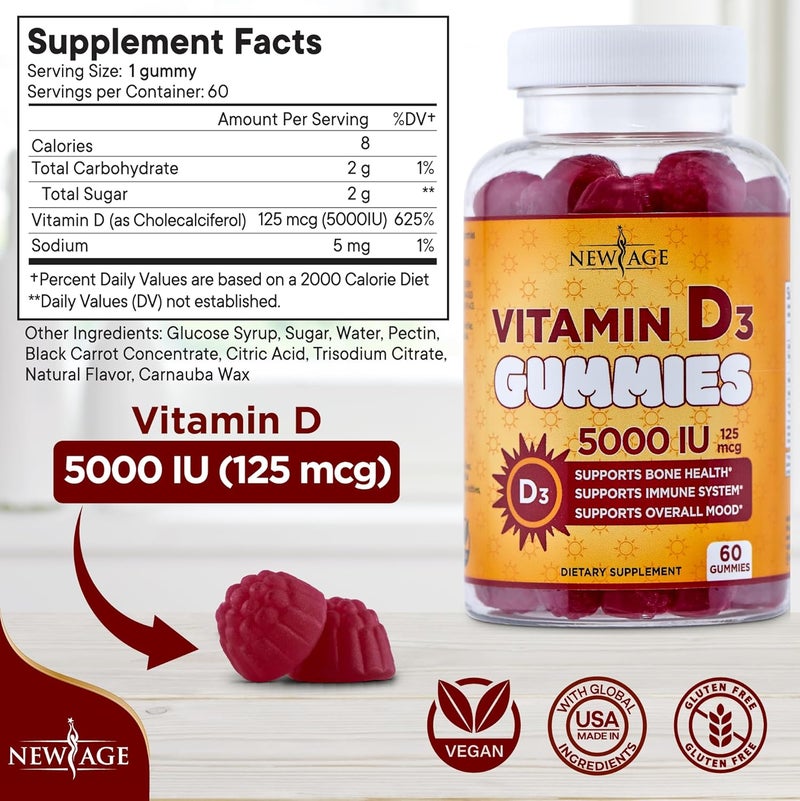 NEW AGE Vitamin D3 5000 IU 125mcg Gummies  Support Immune Support Strong Bone Health  NonGMO GlutenFree DairyFree No Gelatin 120 Gummies Pack of 2 - Image 2