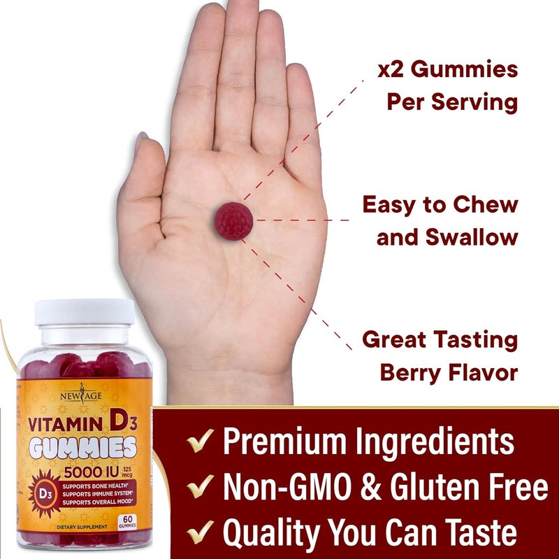 NEW AGE Vitamin D3 5000 IU 125mcg Gummies  Support Immune Support Strong Bone Health  NonGMO GlutenFree DairyFree No Gelatin 120 Gummies Pack of 2 - Image 5