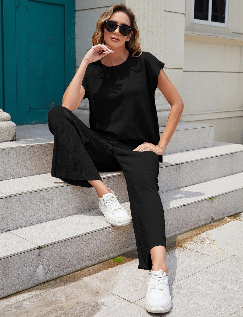 Tanming Women's 2 Piece Outfits Sweater Set Knit Pullover Tops High Waisted Pants Sweatsuits Lounge Set (Black-XS) - Image 5