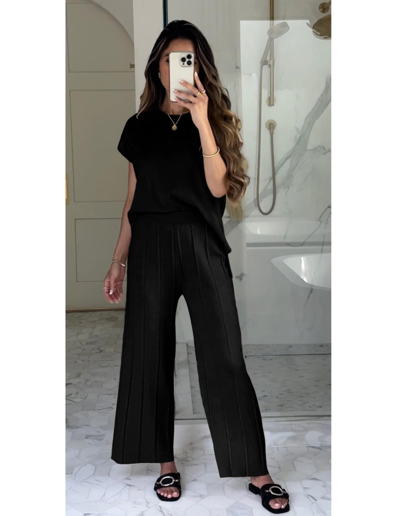 Tanming Women's 2 Piece Outfits Sweater Set Knit Pullover Tops High Waisted Pants Sweatsuits Lounge Set (Black-XS) - Image 2