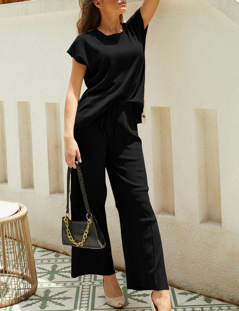 Tanming Women's 2 Piece Outfits Sweater Set Knit Pullover Tops High Waisted Pants Sweatsuits Lounge Set (Black-XS) - Image 3