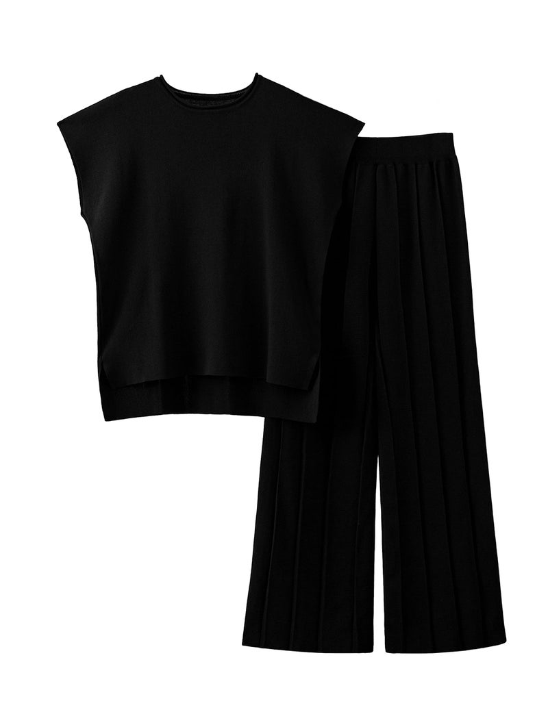 Tanming Women's 2 Piece Outfits Sweater Set Knit Pullover Tops High Waisted Pants Sweatsuits Lounge Set (Black-XS) - Image 1