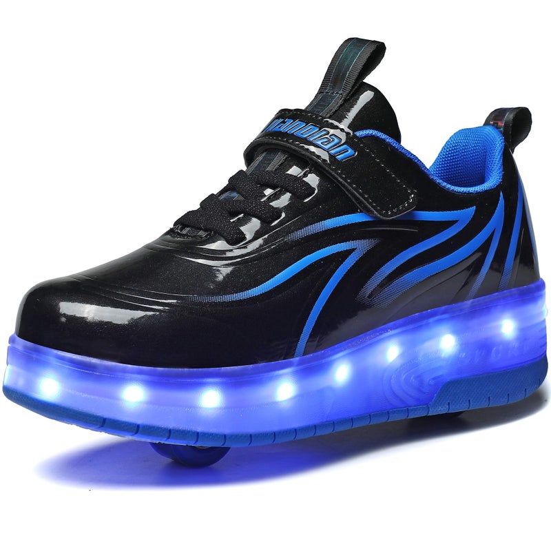 HHSTS Boys Sneakers with Wheels LED Light Color Shoes Shiny Roller Skates Skate Shoes Simple Kids Gifts Boys Girls The Best Gift for Party Birthday Christmas Day115 Little KidBlack Blue