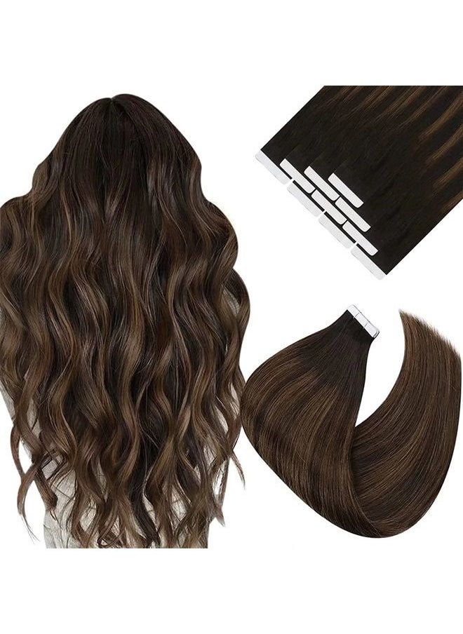 Ve Sunny Tape in Hair Extensions Human Hair Brown Balayage VeSunny Tape Hair Extensions Remy Balayage Darkest Brown Ombre Light Brown Human Hair Tape ins Extensions Brown Long Hair 10pcs 25g 24inch  - Image 1