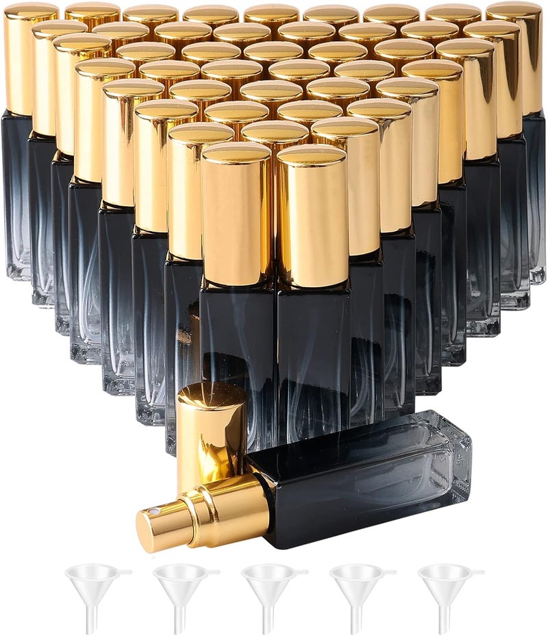 NewZoll 45pcs 10ml Mini Square Spray Bottle Glass Empty Spray Refillable Perfume Bottle Fine Mist Liquid Dispenser for Makeup Skin Care (Gold Cap) 