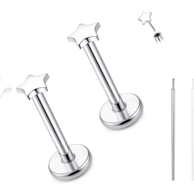 limerencia Titanium Threadless Flat Back Earrings Stud, 20G Press Fit Titanium Push Pop in Cartilage Tragus Labret Lip Medusa Conch Body Piercing Jewelry Hypoallergenic for Women Men(Star Silver) - Image 1