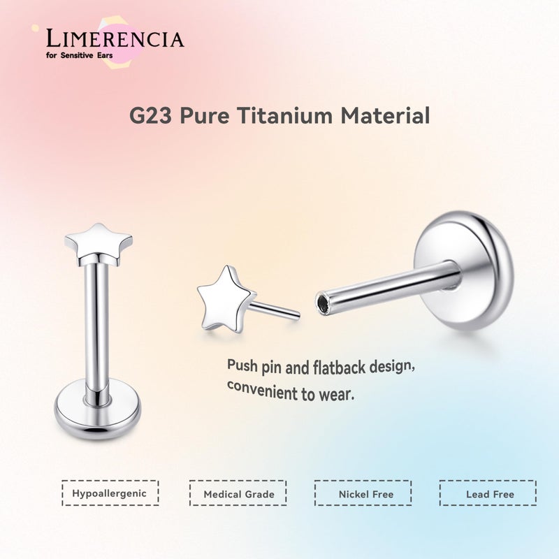 limerencia Titanium Threadless Flat Back Earrings Stud, 20G Press Fit Titanium Push Pop in Cartilage Tragus Labret Lip Medusa Conch Body Piercing Jewelry Hypoallergenic for Women Men(Star Silver) - Image 5
