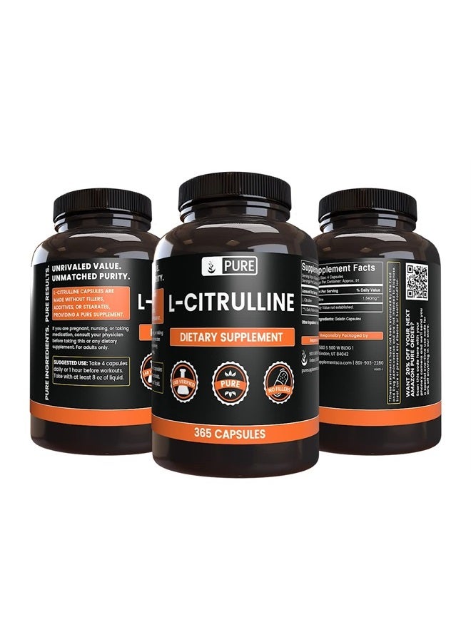 PURE ORIGINAL INGREDIENTS مكونات أصلية نقية L-سيترولين (365 كبسولة) بدون مغنيسيوم أو حشوات أرز، دائمًا نقية، مختبرة في المختبر - Image 2