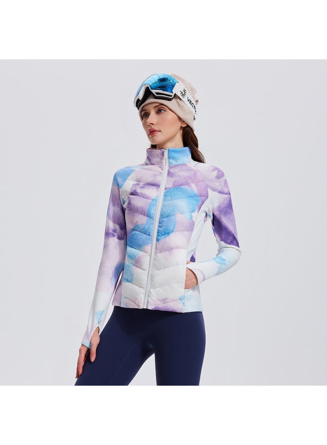 Three-proof Sports Down Jacket For Women, Outdoor Running, Windproof And Warm Fitness Top, Lightweight Slim Fit Stand-up Collar Rib Jacket