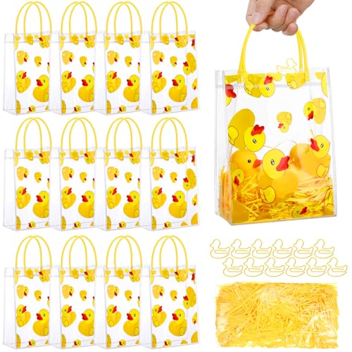 Gaillty 24 Sets Yellow Duck Gift Bag with Clips and Raffia Rubber Duck Party Supplies Plastic Treat Goodie Candy Bags for Waddle It Be Gender Reveal Baby Shower Birthday Party Supplies (Clear) - Image 1
