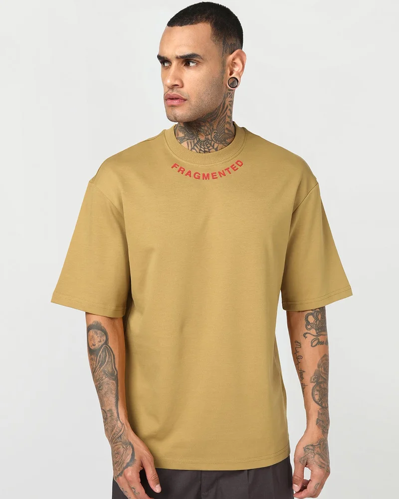 Men's Mustard Gold Yellow Divided Typography Oversized T-shirt