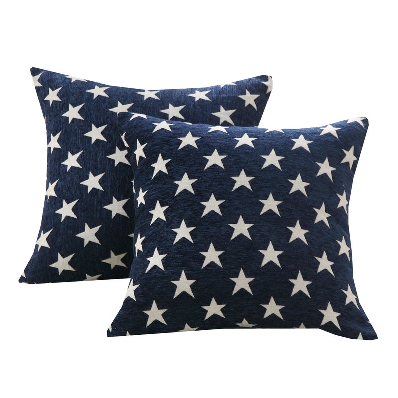 Sunday Praise Set of 2 Soft Chenille Decorative Patriotic Throw Pillow Cover Case Geometric Stars July 4th Accent Square Cushion Cover Case Sham for Couch Sofa Bed Car 18 x 18 Inch 45x45cm (Blue) - Image 1