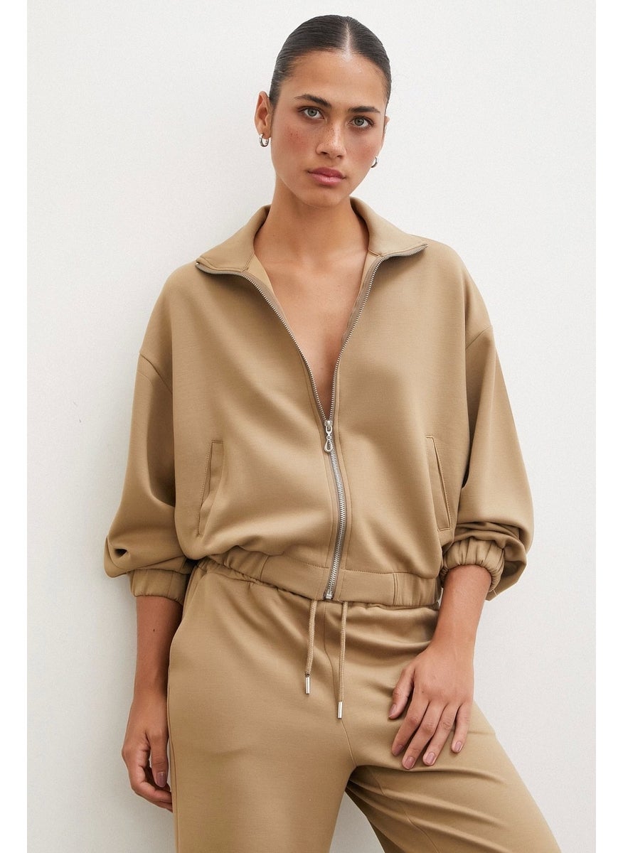 Never More Zippered Sweatshirt Camel  - Image 1