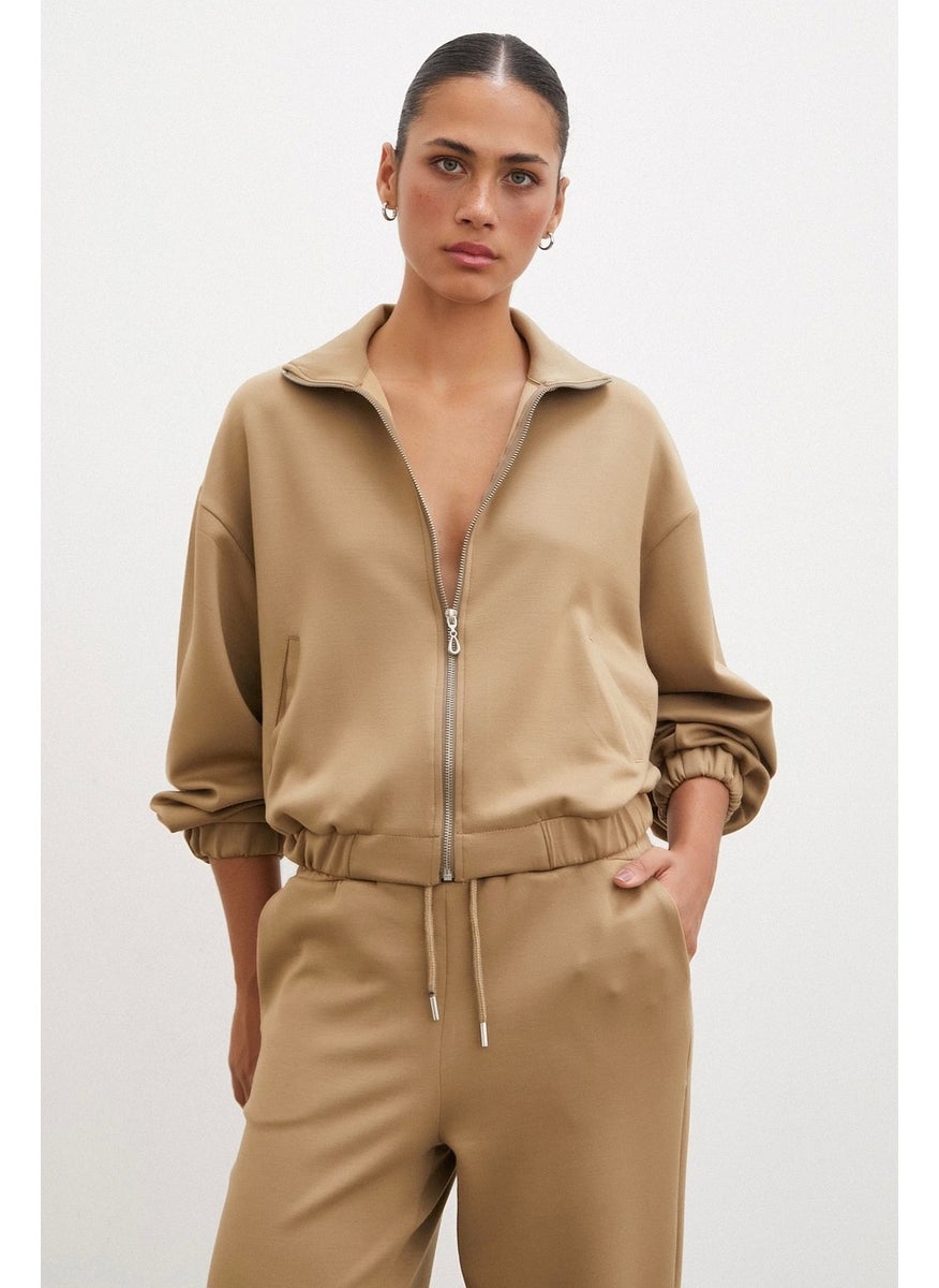Never More Zippered Sweatshirt Camel  - Image 5