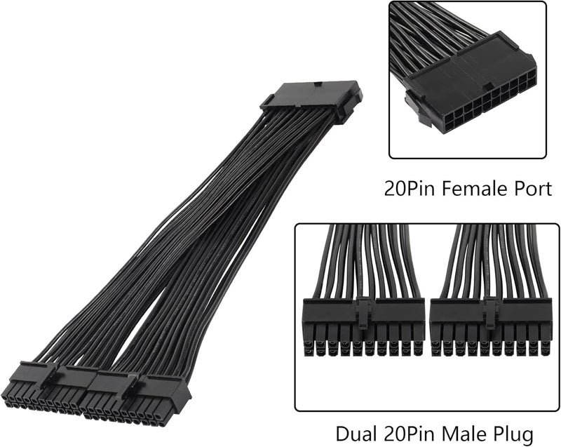 CERRXIAN 24cm ATX 20 Pin Power Supply Splitter Cable18AWG ATX 20Pin Female to 2 Male PSU Power Supply Extension Cable - Image 2