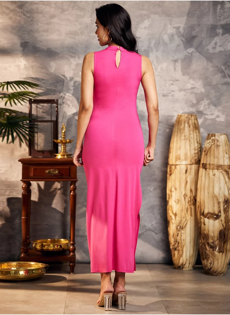 Zigzag Sleeveless High Neck Pink Maxi Dress