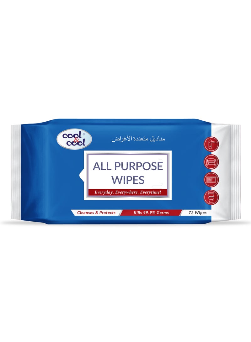 كول اند كول مناديل مبللة لجميع الأغراض من كول آند كول، 72 منديل - تنظف وتحمي، تقتل 99.9% من الجراثيم، ومطهرة، وتزيل البقع، ومناسبة للسفر - Image 1