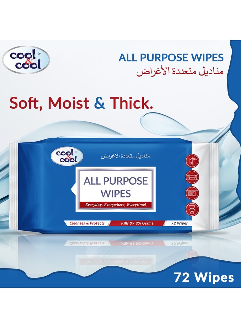 كول اند كول مناديل مبللة لجميع الأغراض من كول آند كول، 72 منديل - تنظف وتحمي، تقتل 99.9% من الجراثيم، ومطهرة، وتزيل البقع، ومناسبة للسفر - Image 2