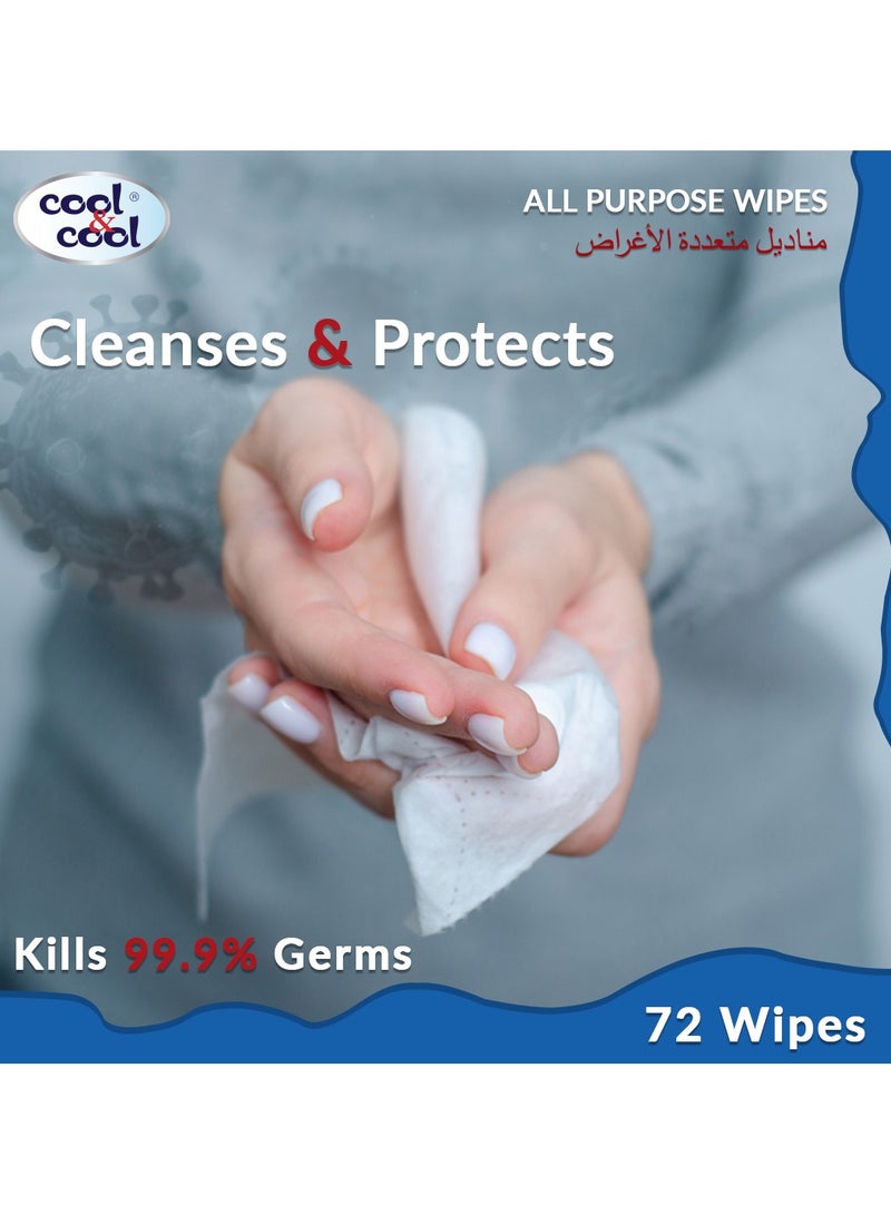 كول اند كول مناديل مبللة لجميع الأغراض من كول آند كول، 72 منديل - تنظف وتحمي، تقتل 99.9% من الجراثيم، ومطهرة، وتزيل البقع، ومناسبة للسفر - Image 4