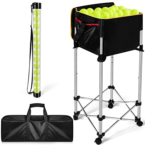 Deekin 2 Pcs Portable Ball Cart and Tennis Ball Pickup Collector Tennis Basket on Wheels with Storage Bag Tennis Ball Picker Upper Tennis Ball Tube Retriever for Baseball Storage Medium Tube