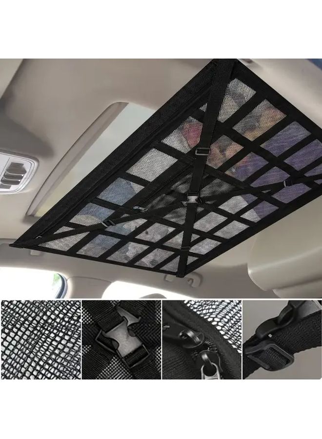 Black Double Layer Car Ceiling Storage Net Zipper Organizer Adjustable Cross Strap - Image 1