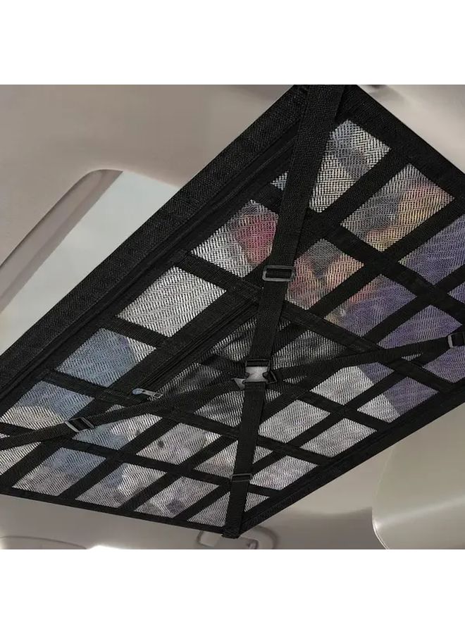 Black Double Layer Car Ceiling Storage Net Zipper Organizer Adjustable Cross Strap - Image 5
