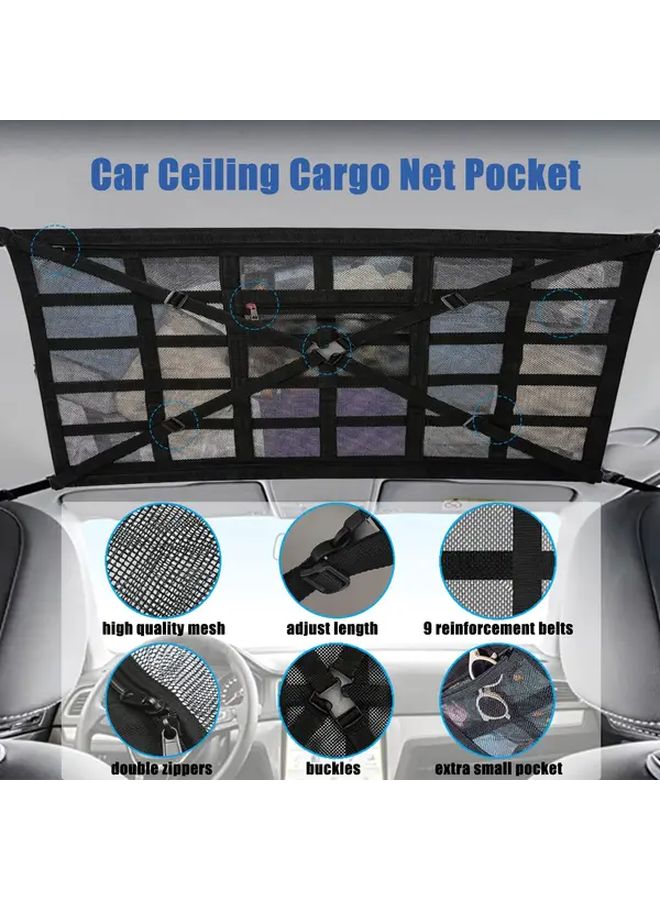 Black Double Layer Car Ceiling Storage Net Zipper Organizer Adjustable Cross Strap - Image 2