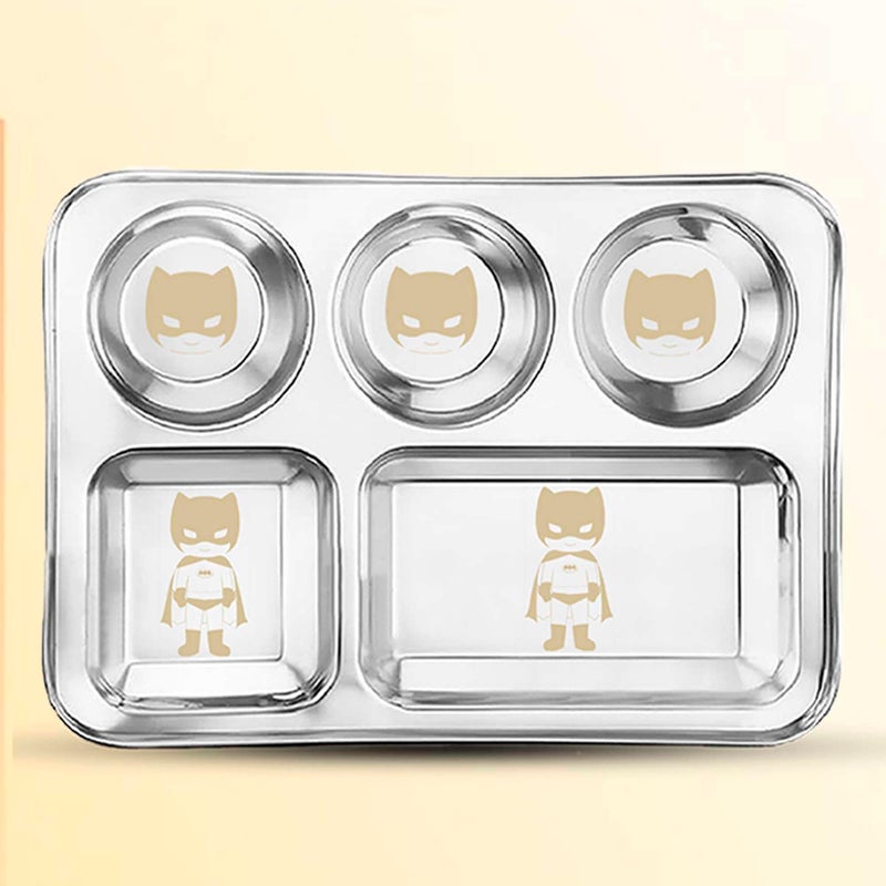 WHITE STAR Food Grade Stainless Steel Dinner Plates/Salad Plates, Pack of 6 Pcs- 5 in 1 Compartment | Permanent Batman Laser Engraving | Perfect for Kids & Adults | Sleek Luster & Long-Lasting - Image 2
