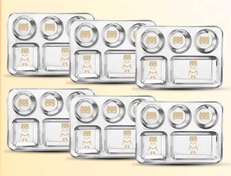 WHITE STAR Food Grade Stainless Steel Dinner Plates/Salad Plates, Pack of 6 Pcs- 5 in 1 Compartment | Permanent Batman Laser Engraving | Perfect for Kids & Adults | Sleek Luster & Long-Lasting - Image 1