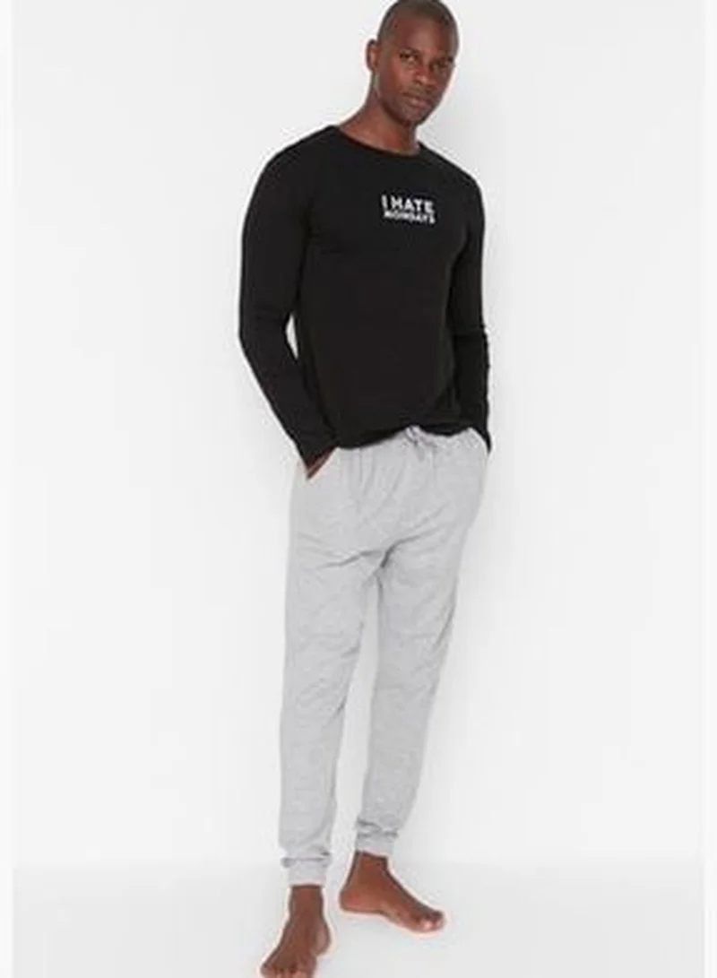 trendyol Men's Black Slogan Printed Regular Fit Knitted Pajamas Set.