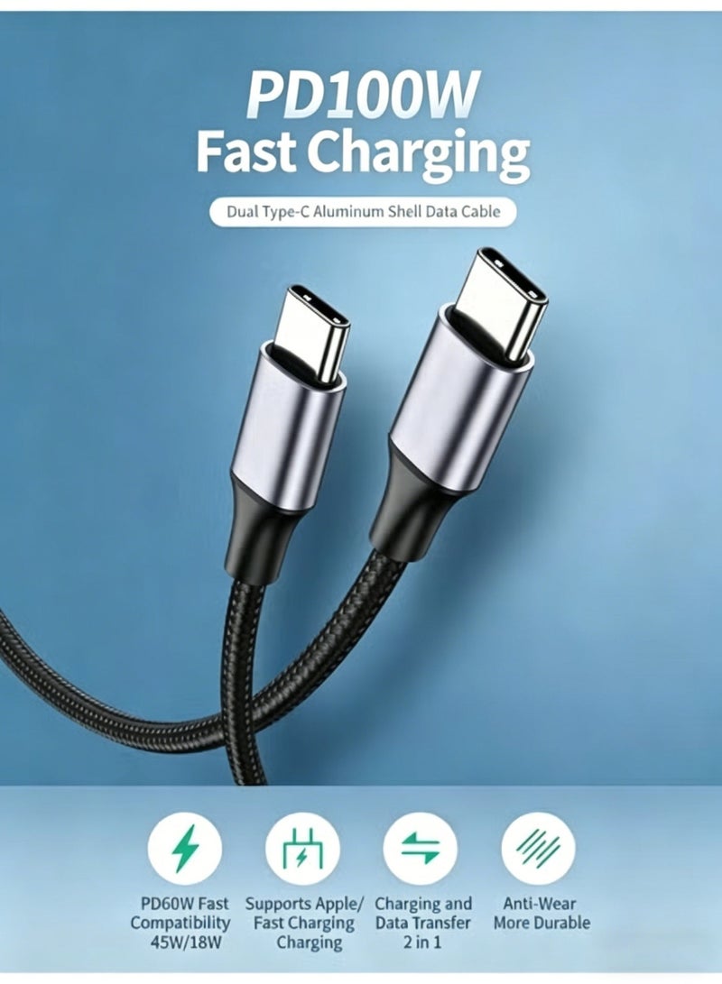 كابل شحن USB-C إلى USB-C بقوة 100 واط، كابل بيانات شحن سريع بتقنية PD، غلاف من الألومنيوم وتصميم مضفر من النايلون، مزامنة بيانات عالية السرعة، متوافق مع سلسلة iPhone 17/16/15، MacBook Air/Pro، iPad، هواتف Samsung Galaxy والأجهزة اللوحية - طول 2 متر، لون أسود - Image 2