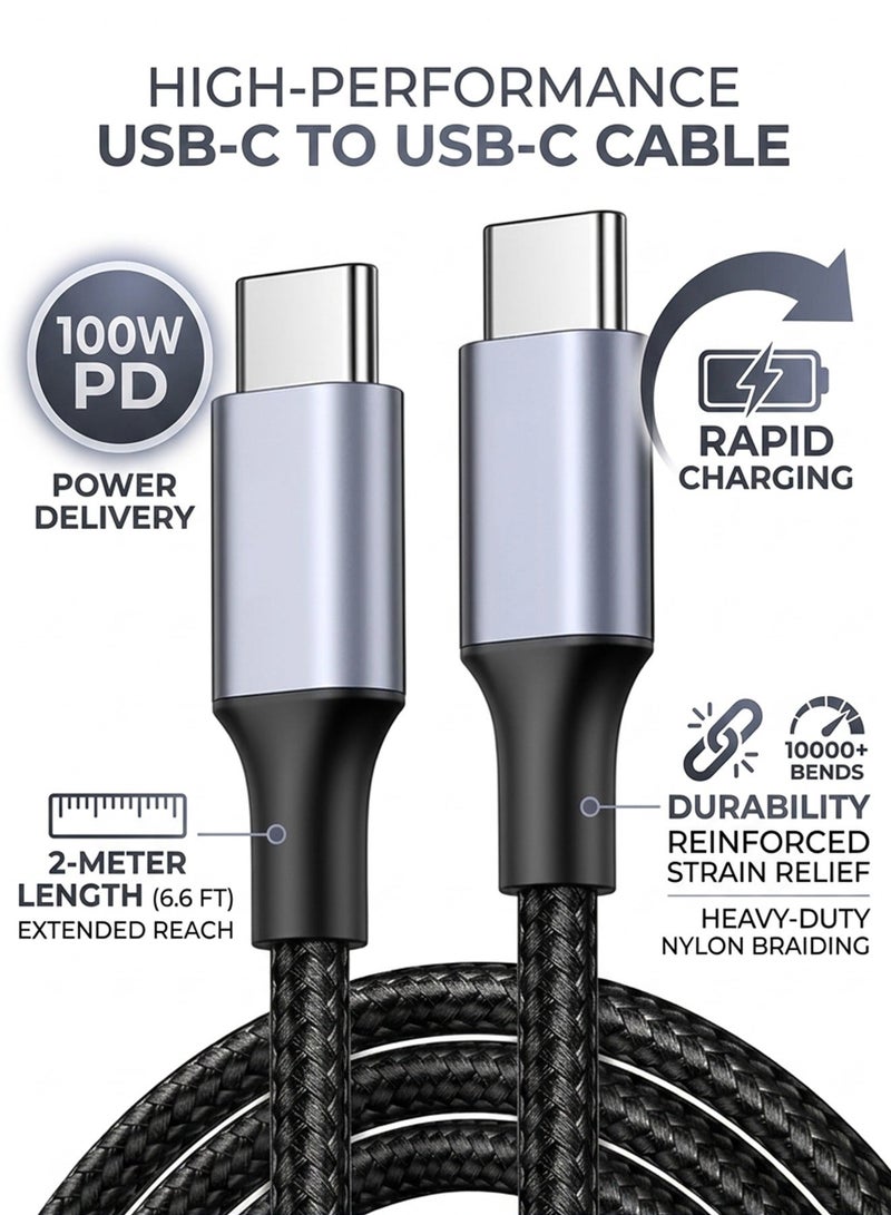 كابل شحن USB-C إلى USB-C بقوة 100 واط، كابل بيانات شحن سريع بتقنية PD، غلاف من الألومنيوم وتصميم مضفر من النايلون، مزامنة بيانات عالية السرعة، متوافق مع سلسلة iPhone 17/16/15، MacBook Air/Pro، iPad، هواتف Samsung Galaxy والأجهزة اللوحية - طول 2 متر، لون أسود - Image 1