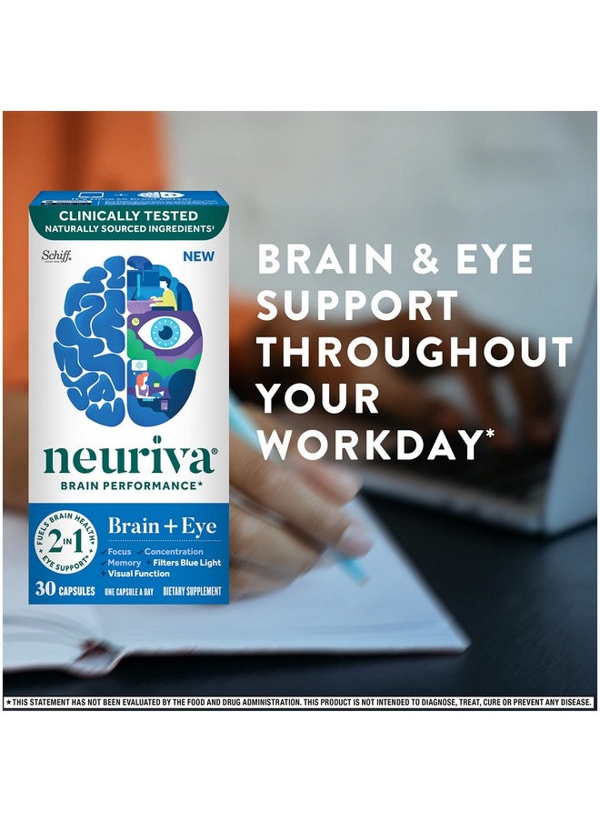 NEURIVA - Brain + Eye Supplement For Memory Focus & Concentration With Lutein & Vitamins A C E And Zinc For Eye Health & Zeaxanthin To Filter Blue Light 30Ct Capsules - Image 1