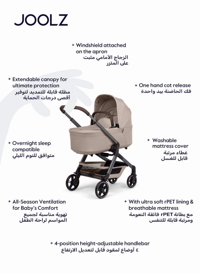 JOOLZ Hub² Carrycot for Stroller | Lightweight & Foldable Baby Bassinet | Breathable Mattress & Ventilated Sun Hood | Newborn Comfort 0-6 Months | Forest Green | Travel-Friendly - Sandy taupe  - Image 2