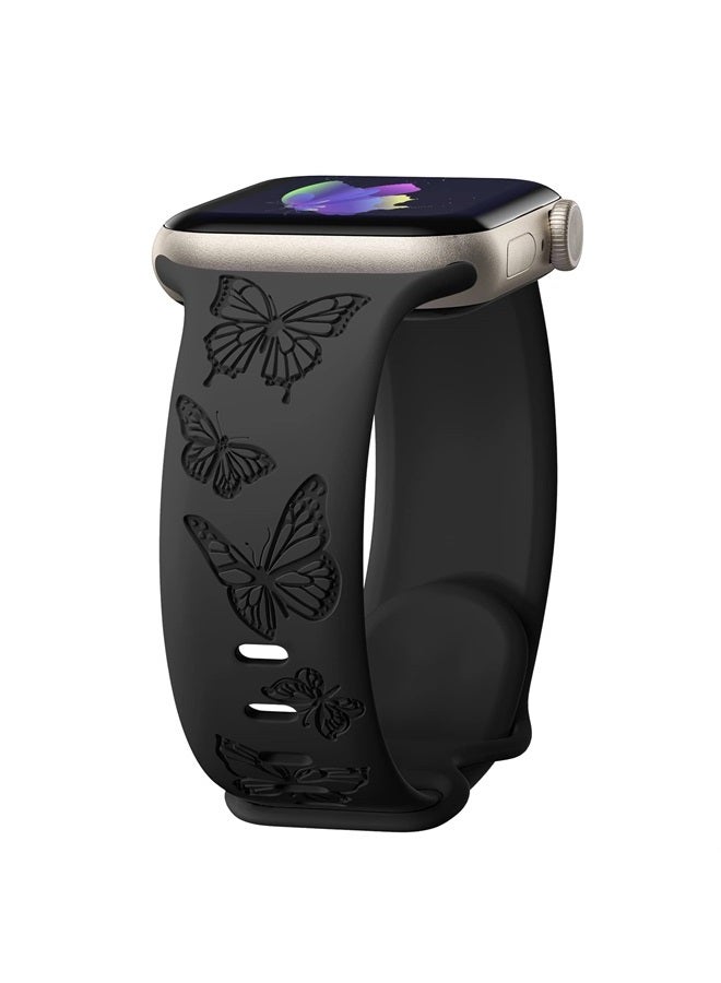 IKANFI Butterfly Engraved Bands Compatible with Apple Watch Band 45mm 44mm 42mm Women, Silicone Butterfly Sport Embossed Strap for iWatch Bands Series SE 8 7 6 5 4 3 2 1-Butterfly-BK42 - Image 1