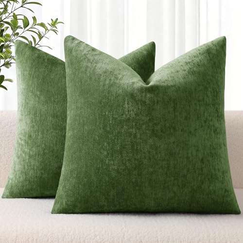 decorUhome Chenille Moss Green Throw Pillow Covers 24x24 Inch Set of 2 Decorative Soft Couch Pillow Covers Solid Dyed Accent Farmhouse Neutral Square Pillow Cases for Sofa - Image 1