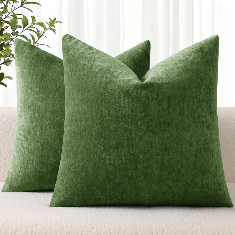 decorUhome Chenille Moss Green Throw Pillow Covers 24x24 Inch Set of 2 Decorative Soft Couch Pillow Covers Solid Dyed Accent Farmhouse Neutral Square Pillow Cases for Sofa - Image 2