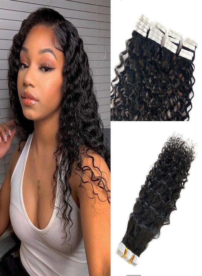 Licoville Water Wave Tape in Human Hair Extensions 16 Inch 50g Invisible Curly Tape in Hair Extensions Real Human Hair for Black Women Natural Wet and Wavy Hair Tape ins with Extra Tabs - Image 1