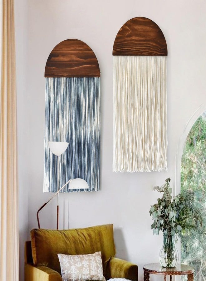 Flber 2 Pcs Tie-dye Macrame Wall Hanging Boho Home Decor, Blue White Yarn Tassel Wall Art with Modern Wood Frame, Semicircle Design 13.7" W x 30" L Perfect for Living Room Bedroom Headboard Decoration - Image 1