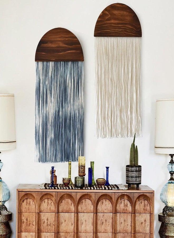 Flber 2 Pcs Tie-dye Macrame Wall Hanging Boho Home Decor, Blue White Yarn Tassel Wall Art with Modern Wood Frame, Semicircle Design 13.7" W x 30" L Perfect for Living Room Bedroom Headboard Decoration - Image 4