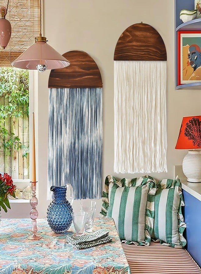 Flber 2 Pcs Tie-dye Macrame Wall Hanging Boho Home Decor, Blue White Yarn Tassel Wall Art with Modern Wood Frame, Semicircle Design 13.7" W x 30" L Perfect for Living Room Bedroom Headboard Decoration - Image 2
