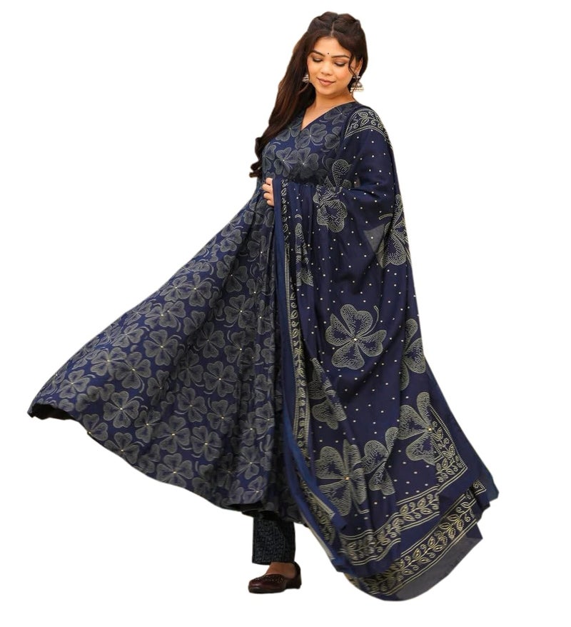 ANNI DESIGNER Women's Rayon Viscose Anarkali Printed Kurta with Pant and Dupatta (Edith Blue_XL_Blue_X-Large) - Image 1