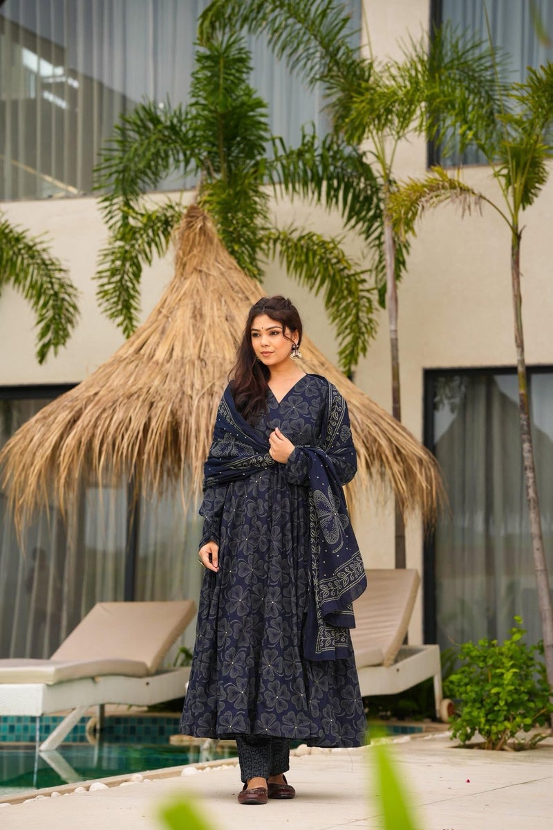 ANNI DESIGNER Women's Rayon Viscose Anarkali Printed Kurta with Pant and Dupatta (Edith Blue_XL_Blue_X-Large) - Image 3
