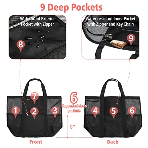 F-color Foldable XL Mesh Beach Bag, 9-Pockets Lightweight Beach Bag for Women with Bottom Waterproof-Sandproof for Pool Travel Grocery Black - Image 4
