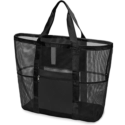F-color Foldable XL Mesh Beach Bag, 9-Pockets Lightweight Beach Bag for Women with Bottom Waterproof-Sandproof for Pool Travel Grocery Black - Image 1