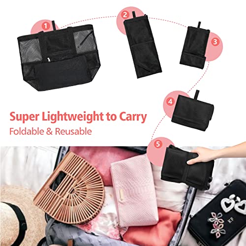 F-color Foldable XL Mesh Beach Bag, 9-Pockets Lightweight Beach Bag for Women with Bottom Waterproof-Sandproof for Pool Travel Grocery Black - Image 5