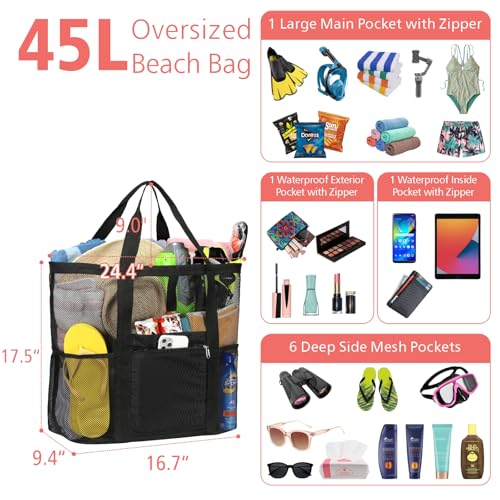 F-color Foldable XL Mesh Beach Bag, 9-Pockets Lightweight Beach Bag for Women with Bottom Waterproof-Sandproof for Pool Travel Grocery Black - Image 2