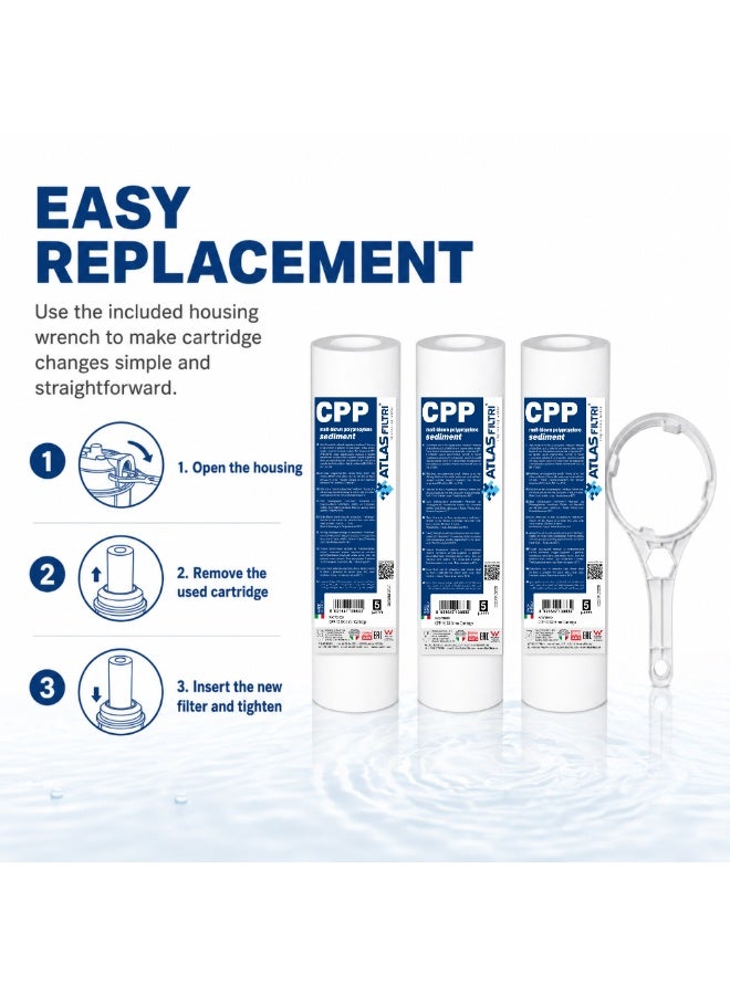ATLAS Pure Water Filters, Sediment Water Filter Cartridge 5 Micron Under-Sink Replacement Cartridge Universal 10 inch RO System, desalination domestic device wrench filter tool 3 stage water filter part, Water Filter Cartridge Replacement, cotton filter - Image 4