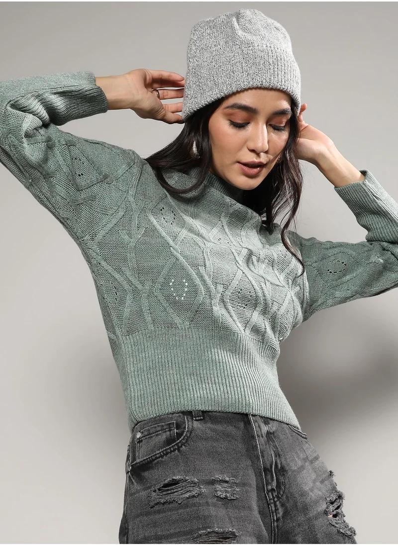 Campus Sutra Women's Sage Green Geometric Knit Sweater