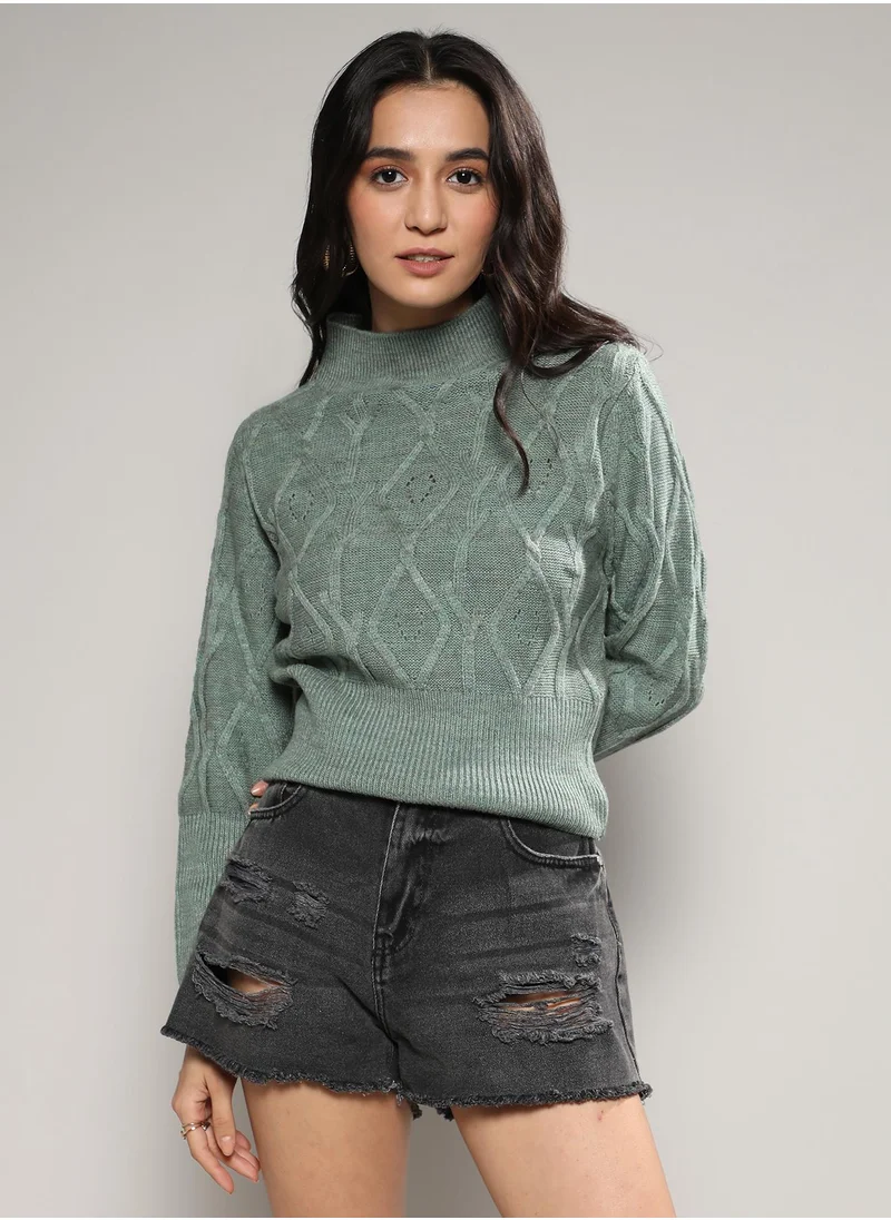 Campus Sutra Women's Sage Green Geometric Knit Sweater